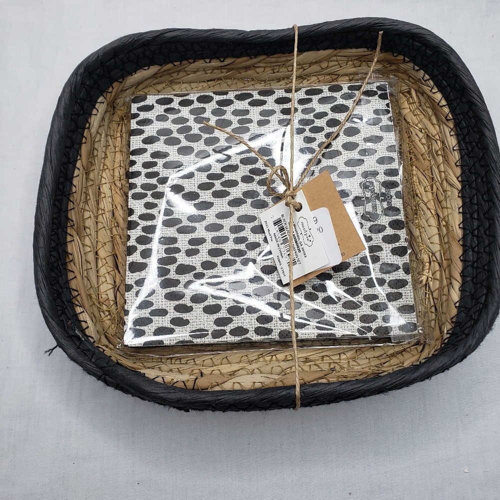 Mud Pie Tribal Boho Woven Black Seagrass Basket Paper Napkin Set